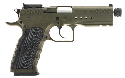  Tanfoglio  Defiant Tactical Pro 9mm Luger 20+1 4.50" Stainless Threaded Barrel, Green Steel Optic Ready/Ported/Serrated Slide, Green Steel Frame w/Beavertail & Picatinny Rail, Black Polymer Grip 