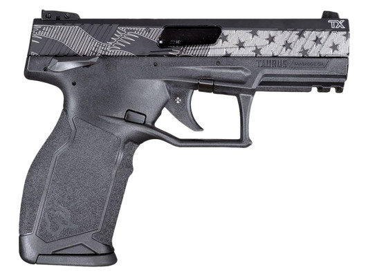 Taurus 1-TX2214110US1 TX22  Full Size Frame 22 LR 10+1 4.10" Matte Black Alloy Steel Barrel, Matte Black w/Stars & Stripes Serrated Slide, Black Polymer Frame w/Picatinny Rail, Textured Grip 