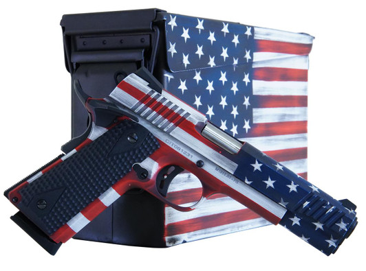  Citadel CITC45FUSAAC M1911 Flag 45 ACP 8+1, 5" Stainless Steel Barrel, American Flag Cerakote Serrated Steel Slide, Steel Frame w/Beavertail, Features Matching Ammo Can, Ambidextrous 