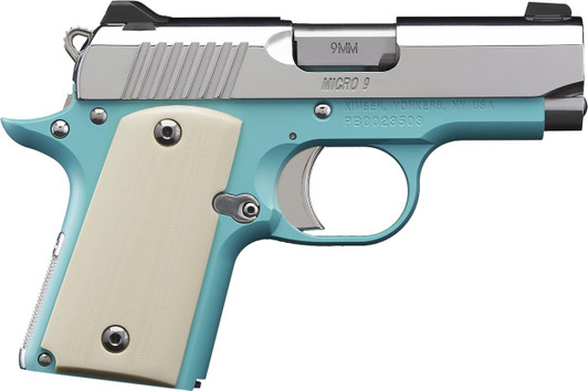 KIMBER MFG.,INC Kimber Mfg.,inc 3700647 Micro 9 Bel Air NS 9mm 6+1 3.15" Stainless Steel Slide Bel Air Blue Mirror-Polished Ivory G-10 Grip 