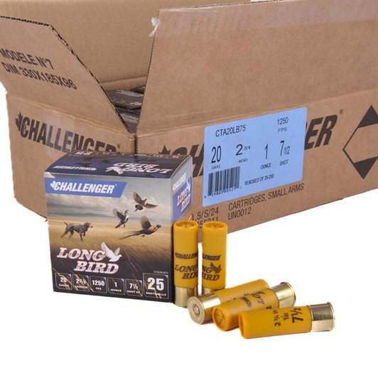 Challenger Ammo Long Bird 20 Gauge 2-3/4" 1oz 1250 FPS #7.5 250 Case 