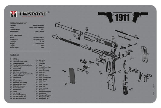 Tekmat Armorers Bench Mat - 11"x17" 1911 Pistol Grey