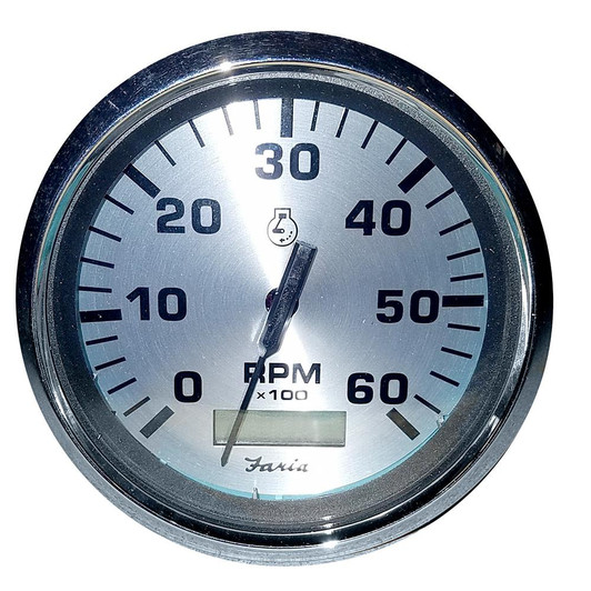 Faria Beede Instruments Faria Spun Silver 4" Tachometer w/Hourmeter (6000 RPM) (Gas Inboard) 