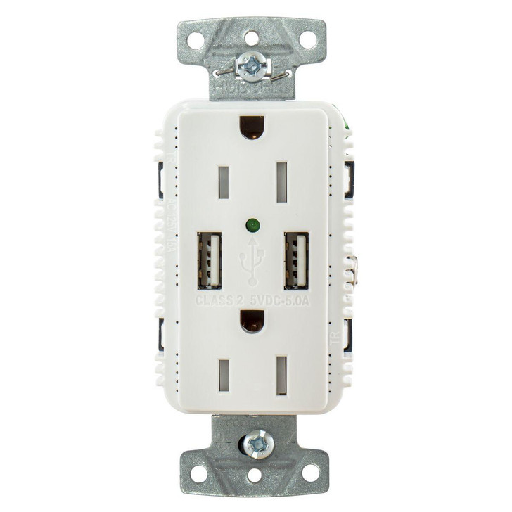 Hubbell Wiring Hubbell USB15A5W White Outlet Dual 15 Amp 125v 2-Pole and Dual 5 Amp 5v USB Ports 