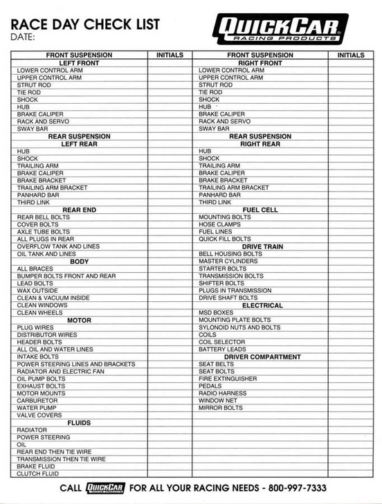 QUICKCAR RACING PRODUCTS Race Day Check-List 