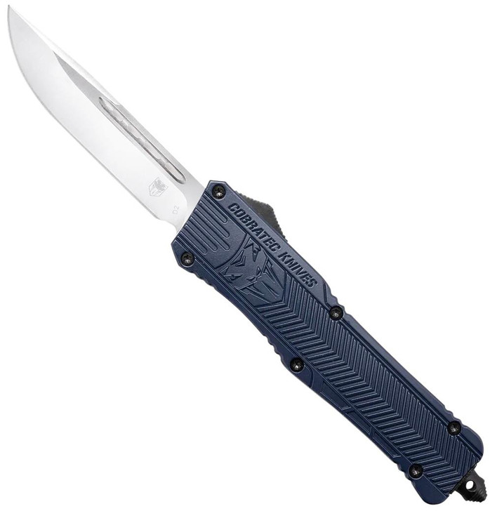 COBRA TEC KNIVES LLC CobraTec Knives LNYCCTK1LDNS CTK-1  Large 3.75" OTF Drop Point Plain D2 Steel Blade/NYPD Blue Aluminum Handle Features Glass Breaker Includes Pocket Clip 