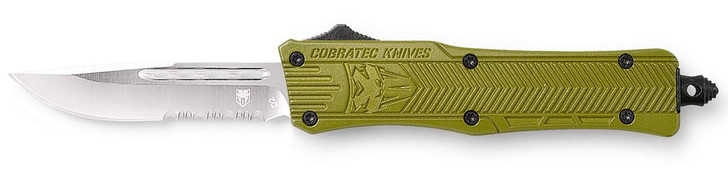 COBRA TEC KNIVES LLC CobraTec Knives SODCTK1SDS CTK-1 Small 2.75" OTF Drop Point Part Serrated D2 Steel Blade/OD Green Aluminum Handle Features Glass Breaker Includes Pocket Clip 