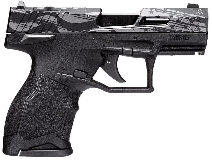  Taurus 1TX22131US5 TX22C T.O.R.O. Compact Frame 22 LR 13+1 3.60" Matte Black Threaded Barrel, Engraved Distressed USA Flag Optic Ready/Serrated Slide, Black Polymer Frame 