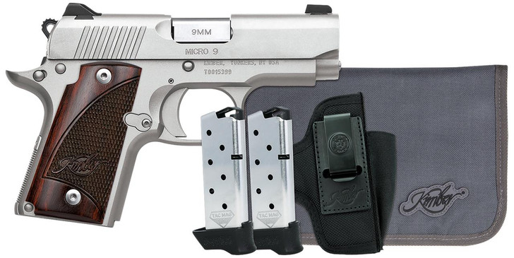 KIMBER MFG.,INC Kimber Mfg, Inc 3300250 Micro 9 RTC Bundle Micro Frame 9mm Luger 7+1 3.15" Stainless Match Grade Barrel, Kimpro II Silver Serrated Slide, Kimpro II Silver Aluminum Frame w/Beavertail, Rosewood Grip 