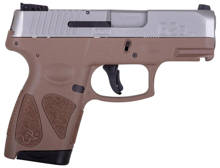  Taurus 1-G2S939B G2S  Compact Frame 9mm Luger 7+1 3.26" Matte Stainless Steel Barrel, Black Stainless Steel Serrated Slide, Brown Polymer Frame w/Accessory Rail, Black Polymer Grip 