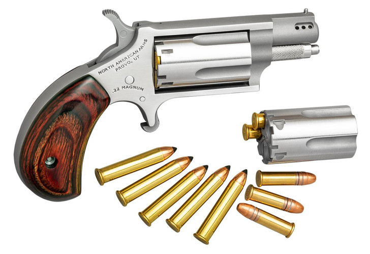 NAA North American Arms 22MSCP Mini-Revolver Combo 22 LR/22 WMR 5 Shot 1.63" Stainless Steel Ported Barrel, Stainless Steel Frame & Cylinder, Rosewood Birdshead Grip, Exposed Hammer 