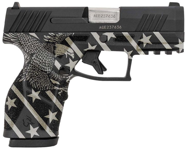  Taurus 1-GX2931-10EN1 GX2  Compact Frame 9mm Luger 10+1 3.38" Stainless Steel Barrel, Matte Black Serrated Alloy Steel Slide, Black w/Eagle, Stars & Stripes Polymer Frame w/Accessory Rail 
