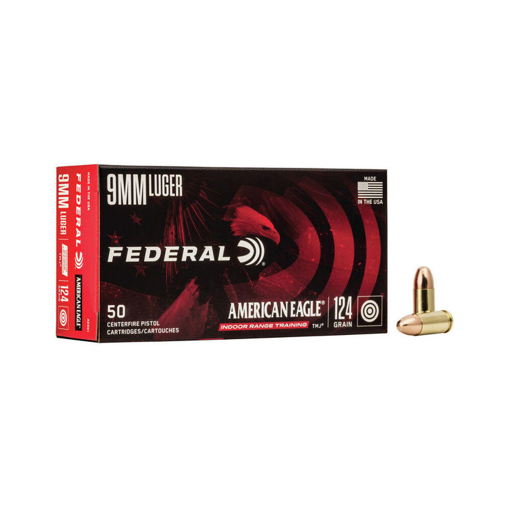 Federal Ammunition American Eagle Indoor Range Ammunition - 9mm Luger, 124 Gr, Tmj, 1120 Fps, 50/bx