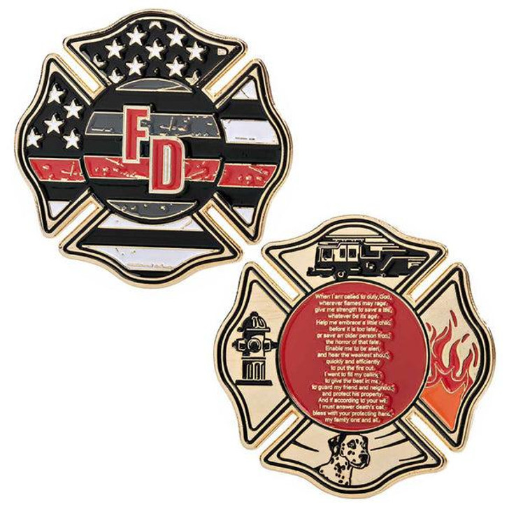 Thin Blue Line Firefighter's Prayer - Thin Red Line Challenge Coin 