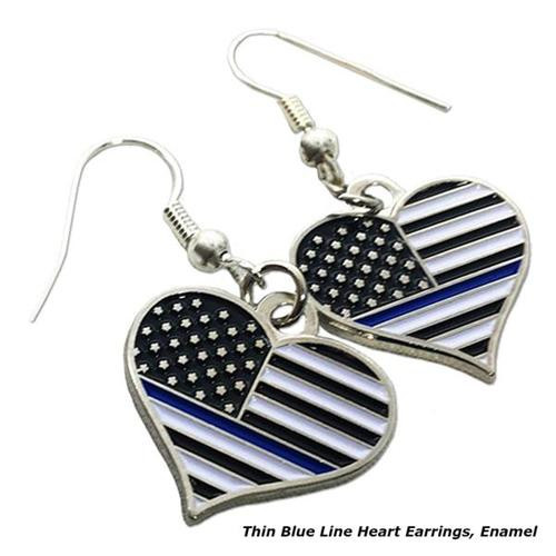  Thin Blue Line Heart Earrings, Rhinestone 