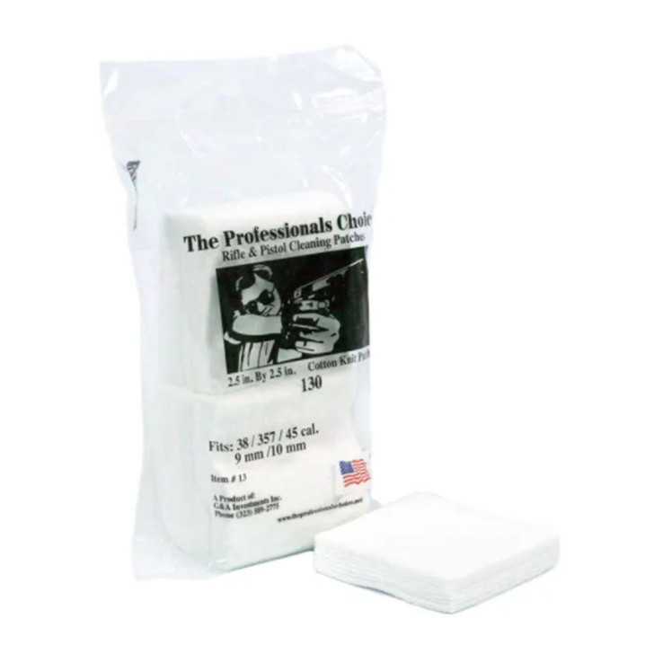 THE PROFESSIONALS CHOICE Square Patches - White, .38/.357/9mm/10mm, 2" X 2", Cotton Knit, 130/pk 