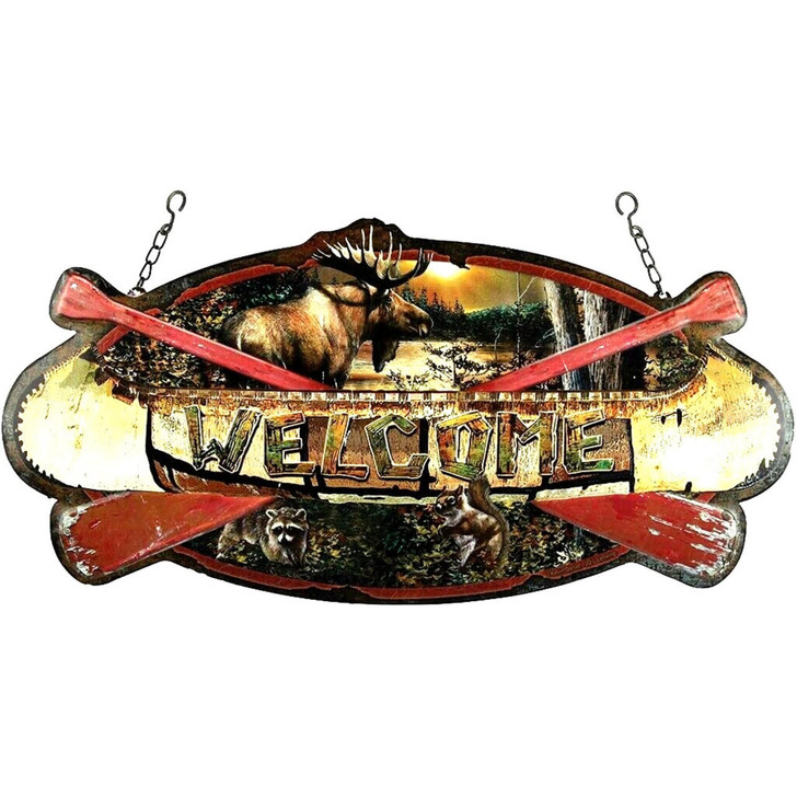  Rivers Edge Welcome Canoe Hanging Metal Sign 