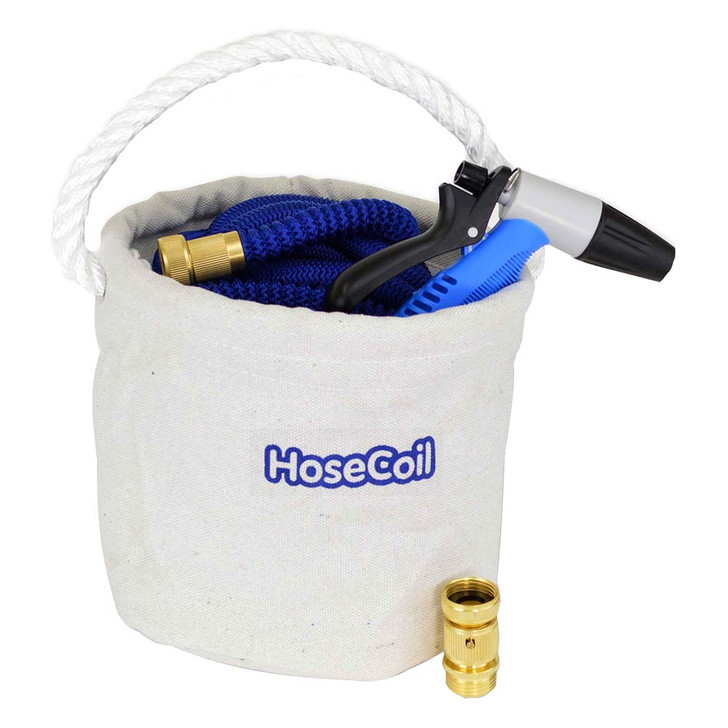 HoseCoil Canvas Bucket w/75' Expandable Hose, Rubber Tip Nozzle & Quick Release