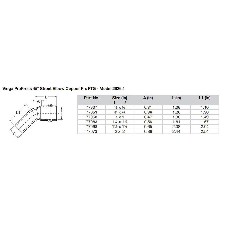  Viega ProPress 1-1/2" - 45° Copper Elbow - Street/Press Connection - Smart Connect Technology 