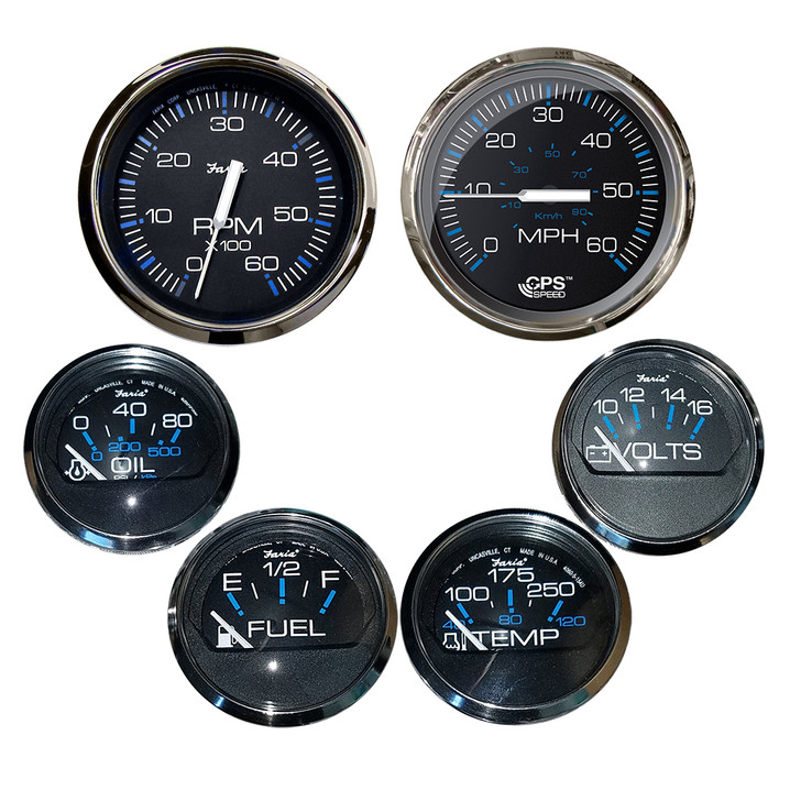 Faria Chesapeake Black w/Stainless Steel Bezel Boxed Set of 6 - Speed, Tach, Fuel Level, Voltmeter, Water Temperature & Oil PSI - Inboard Motors