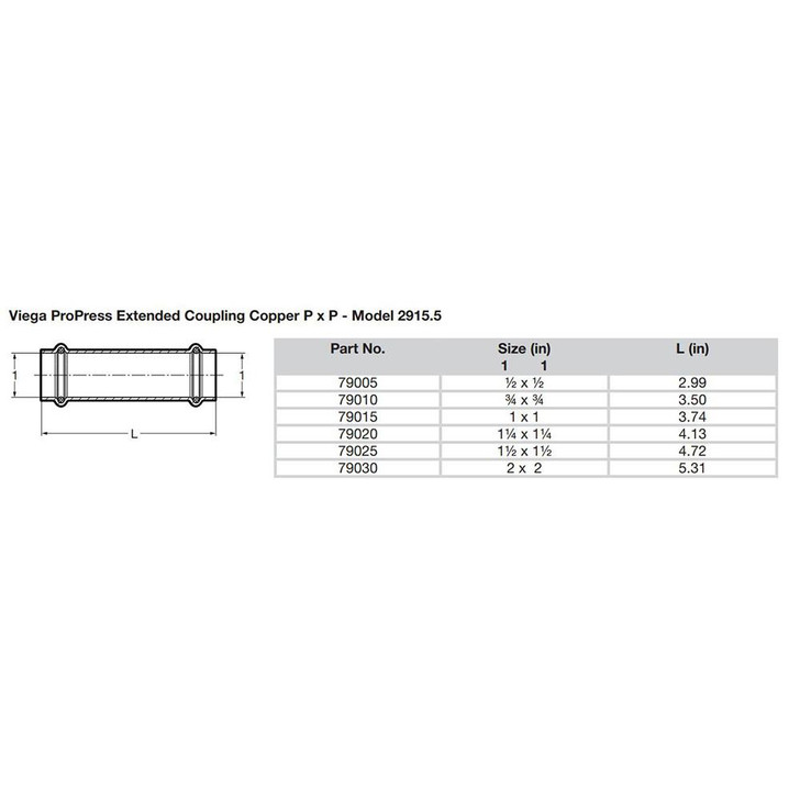  Viega ProPress 1/2" Extended Coupling w/o Stop - Double Press Connection - Smart Connect Technology 