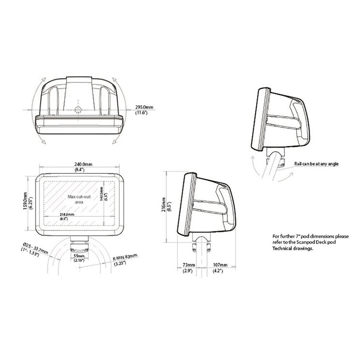  Scanstrut Scanpod 7" Helm Pod Rail Mount - Uncut - Fits 1" - 1.33" Rails 