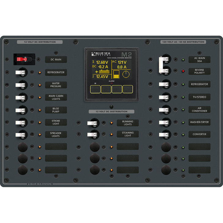 Blue Sea Systems Blue Sea 8413 - Metal AC/DC Panel w/M2 Vessel Systems Monitor & 22 Circuit Breakers (15A) 