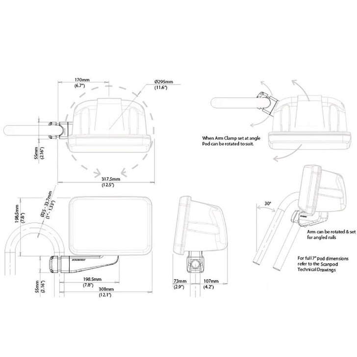  Scanstrut Scanpod 7" Instrument Pod - Uncut - Arm Mounted Fits 1" - 1.3" Rails 