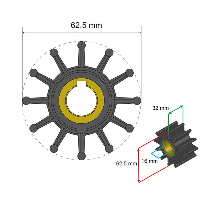  Albin Group Premium Impeller Kit 62.5 x 16 x 32mm - 12 Blade - Key Insert 