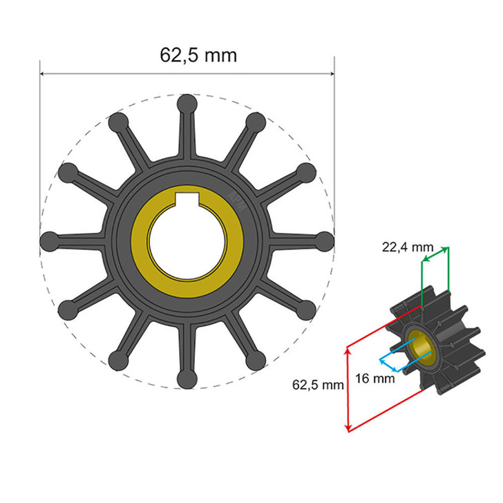  Albin Group Premium Impeller Kit 62.5 x 16 x 22.4mm - 12 Blade - Key Insert 