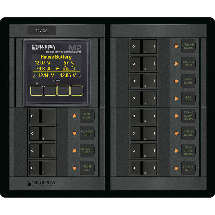 Blue Sea Systems Blue Sea 1496 - 360 Panel - 12 Position 12V Flat Rocker M2 Multimeter w/SOC 