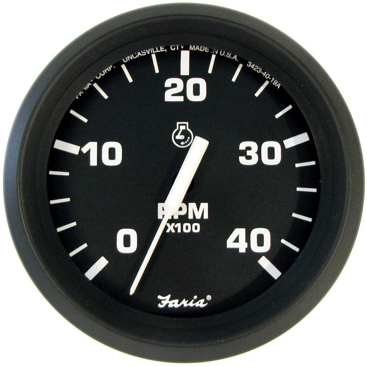 Faria Beede Instruments Faria 4" Tachometer Euro Style Black w/White Letters 4000RPM Diesel Mechanical Take Off & Variable Ratio Alt. 
