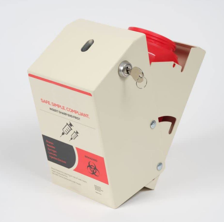 Secure Needle Disposal System for public restrooms, 1 Quart Wall Mount