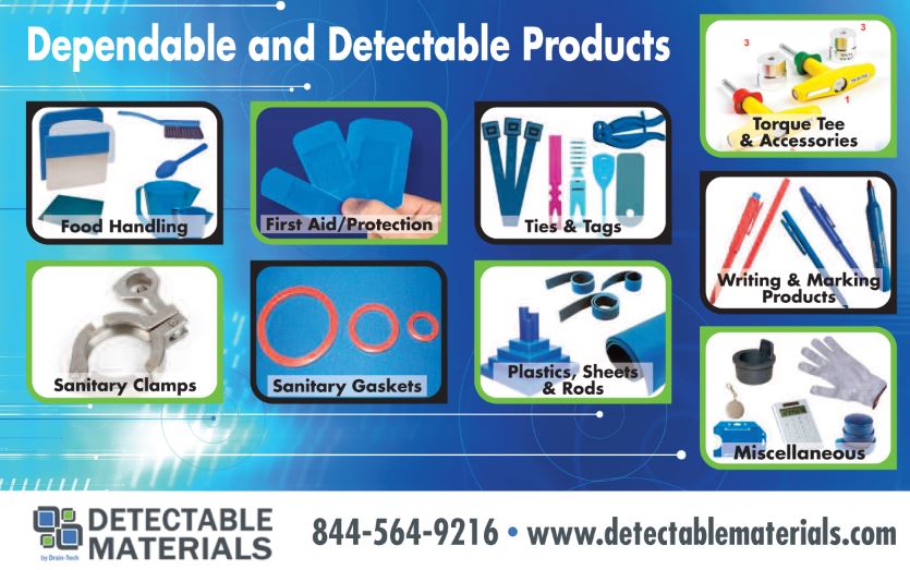 Detectable materials for the food processing industry