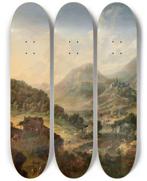 Triptych art skateboard deck of Jan Griffier A River Landscape by Jan Griffier (1648-1718)