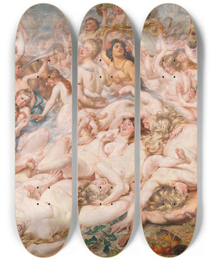 Triptych art skateboard deck of Auguste Levque Return From The Vintage by Auguste Leveque (1866-1921)