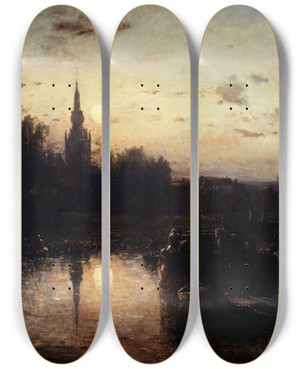 Triptych art skateboard deck of Johan Barthold Jongkind Clair De Lune Overschie Environs De Rotterdam by Johan Barthold Jongkind (1819-1891)