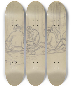 Triptych art skateboard deck of Rudolf Gudden Resting Forest Workers by Rudolf Gudden (1863-1935)