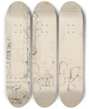 Triptych art skateboard deck of Jacquesraymond Brascassat Curie De Lauberge Saintalexis by Jacques Raymond Brascassat (1804-1867)