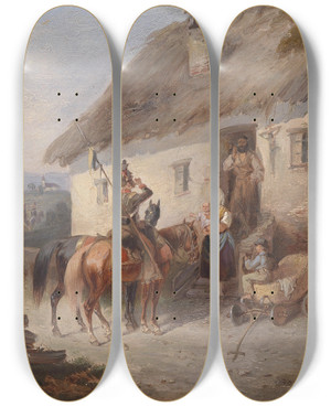 Triptych art skateboard deck of Carl Martin Ebersberg Sterreichische Ulanen Vor Einem Bauernhaus by Carl Martin Ebersberg (1818-1880)