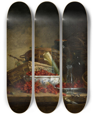 Triptych art skateboard deck of Ernest Eugne Lefebvre A Still Life With Cherries by Ernest Eugene Lefebvre
