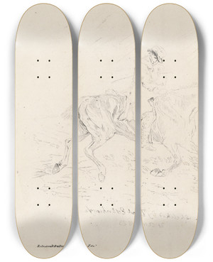 Triptych art skateboard deck of Thomas Bewick The Cadgers Trot First State by Thomas Bewick