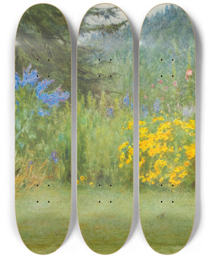 Triptych art skateboard deck of Helen Allingham In A Surrey Garden Brook Near Witley by Helen Allingham (1848-1926)