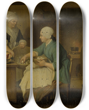 Triptych art skateboard deck of Justus Juncker Kitchen Interior With Three Women by Justus Juncker (1703-1767)