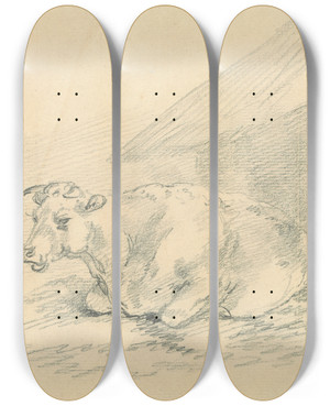 Triptych art skateboard deck of Sawrey Gilpin Cow Lying Next To A Barn by Sawrey Gilpin (1733-1807)
