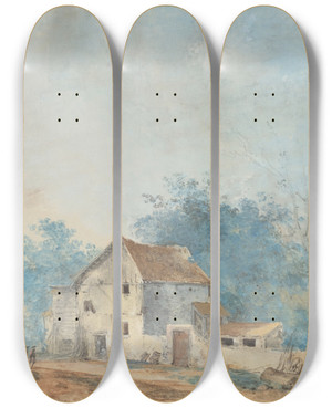 Triptych art skateboard deck of Louis Gabriel Moreau Landscape_2 by Louis Gabriel Moreau (1740-1806)
