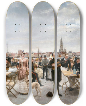 Triptych art skateboard deck of Louis Van Engelen The Caf Belvedere Antwerp by Louis Van Engelen (1856-1940)