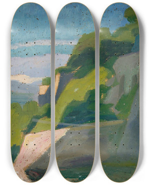 Triptych art skateboard deck of Jan Rembowski Landscape With A Shrine by Jan Rembowski (1879-1923)