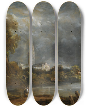 Triptych art skateboard deck of John Constable Salisbury Cathedral From The Meadows_2 by John Constable (1776-1837)