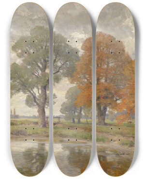 Triptych art skateboard deck of Hugo Darnaut Sptherbsttag by Hugo Darnaut (1850-1937)